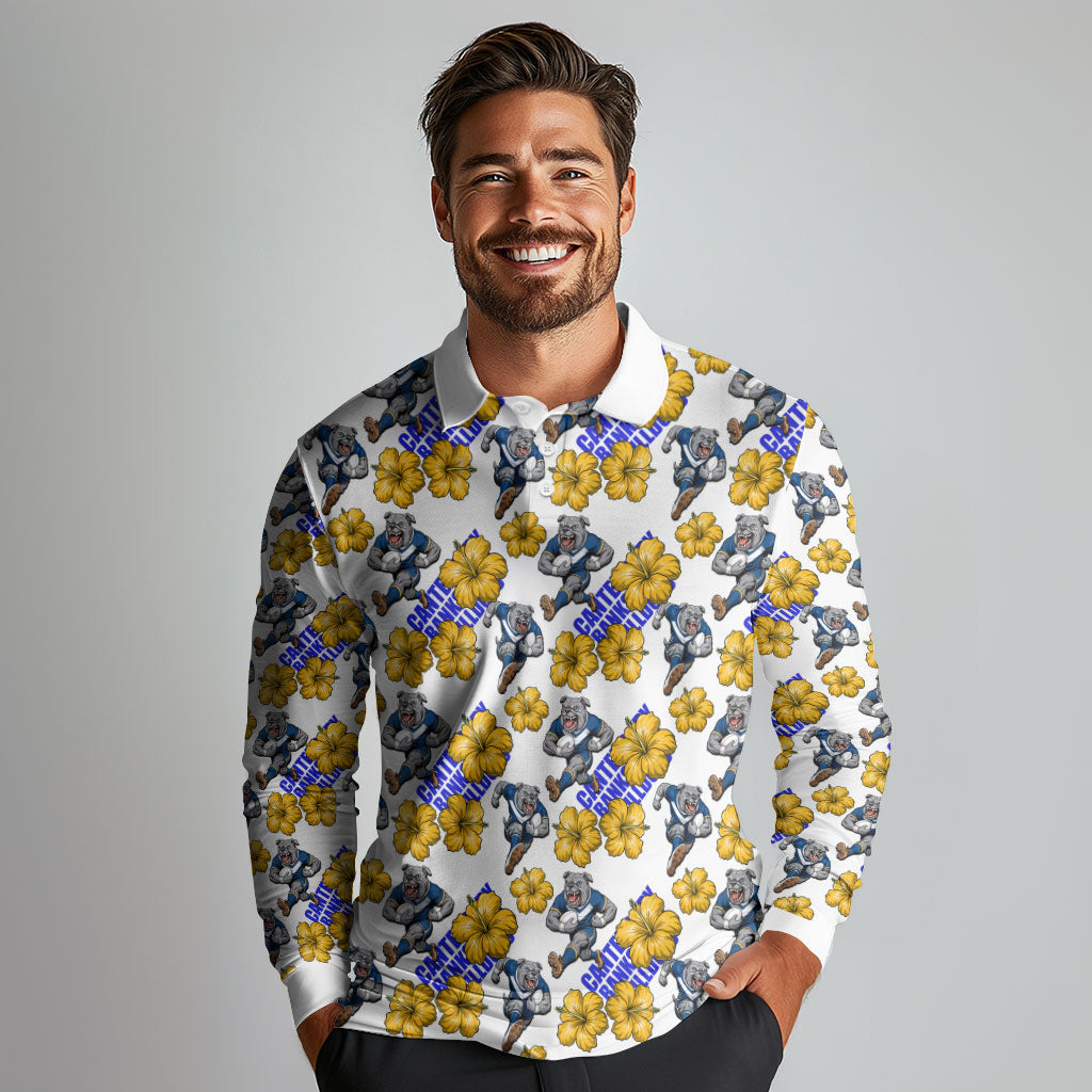 Canterbury-Bankstown Bulldogs Long Sleeve Polo Shirt Tropical Hibiscus Floral Seamless Rugby Mascot