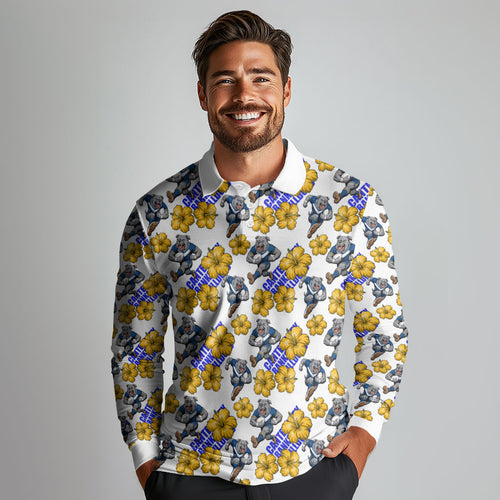 Canterbury-Bankstown Bulldogs Long Sleeve Polo Shirt Tropical Hibiscus Floral Seamless Rugby Mascot