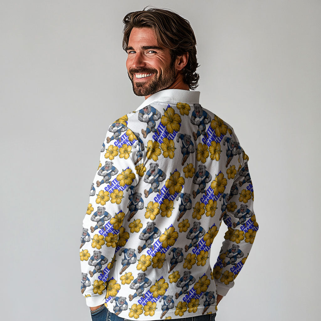 Canterbury-Bankstown Bulldogs Long Sleeve Polo Shirt Tropical Hibiscus Floral Seamless Rugby Mascot