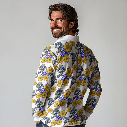 Canterbury-Bankstown Bulldogs Long Sleeve Polo Shirt Tropical Hibiscus Floral Seamless Rugby Mascot