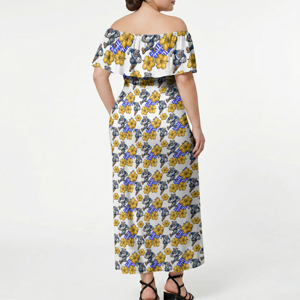Canterbury-Bankstown Bulldogs Off Shoulder Maxi Dress Tropical Hibiscus Floral Seamless Rugby Mascot