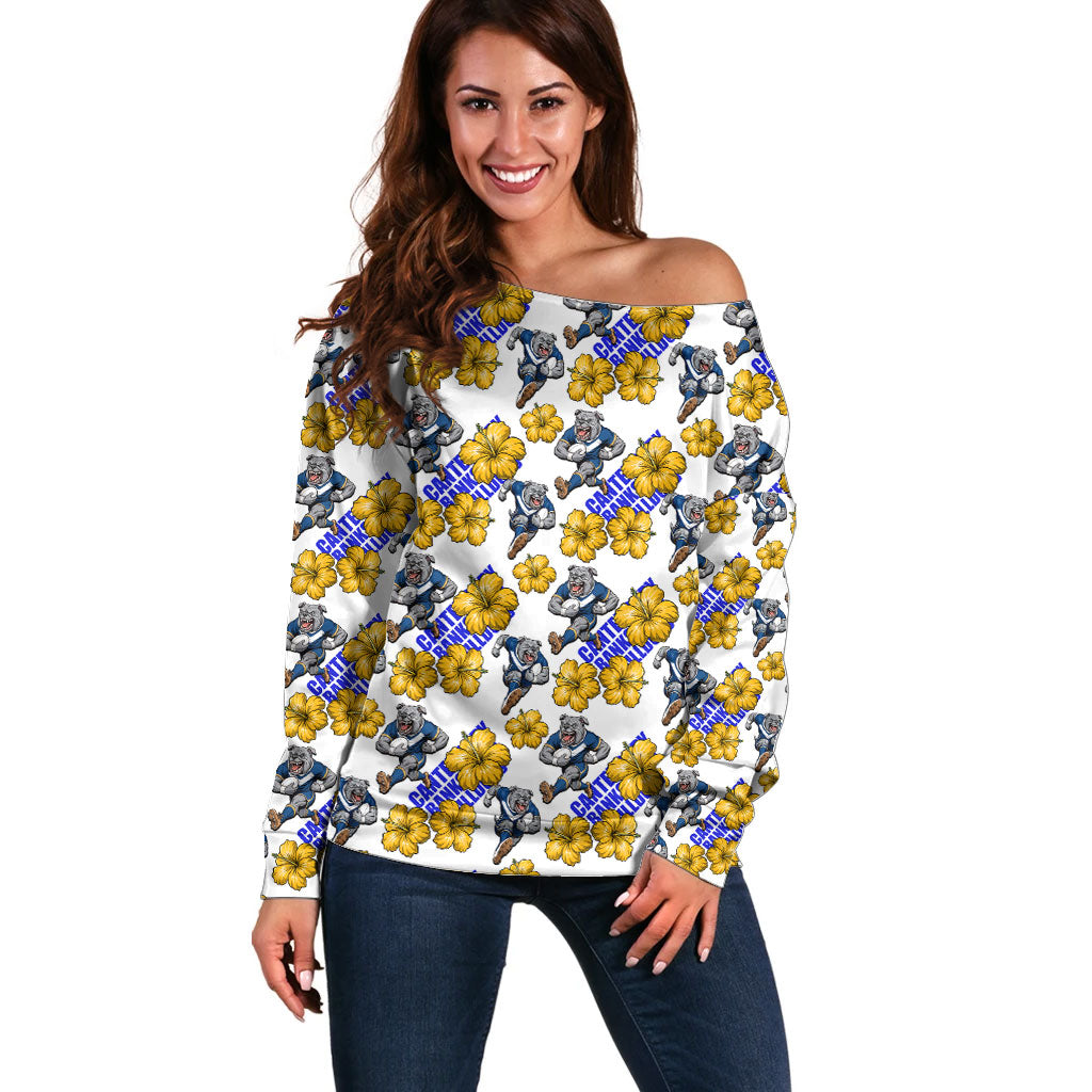 Canterbury-Bankstown Bulldogs Off Shoulder Sweater Tropical Hibiscus Floral Seamless Rugby Mascot
