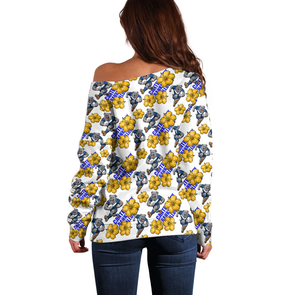 Canterbury-Bankstown Bulldogs Off Shoulder Sweater Tropical Hibiscus Floral Seamless Rugby Mascot