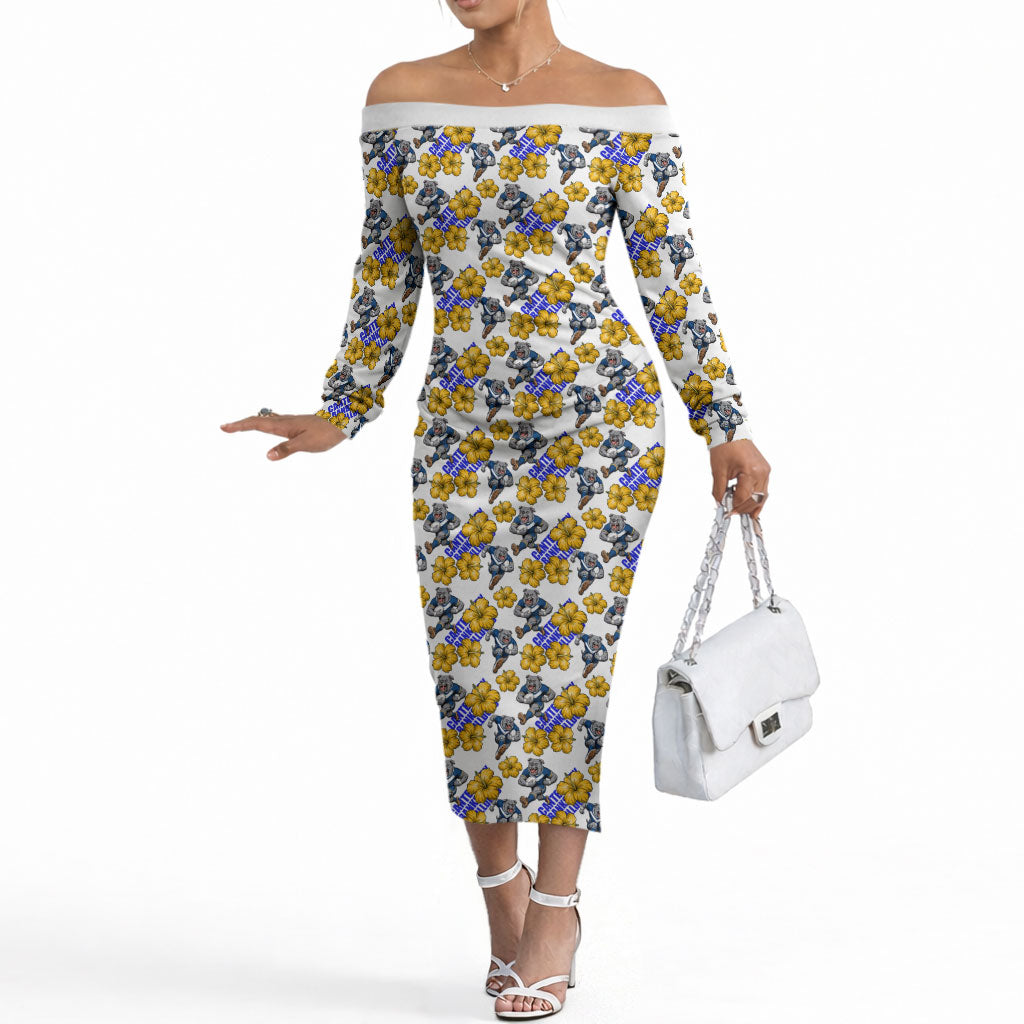 Canterbury-Bankstown Bulldogs Off The Shoulder Long Sleeve Dress Tropical Hibiscus Floral Seamless Rugby Mascot