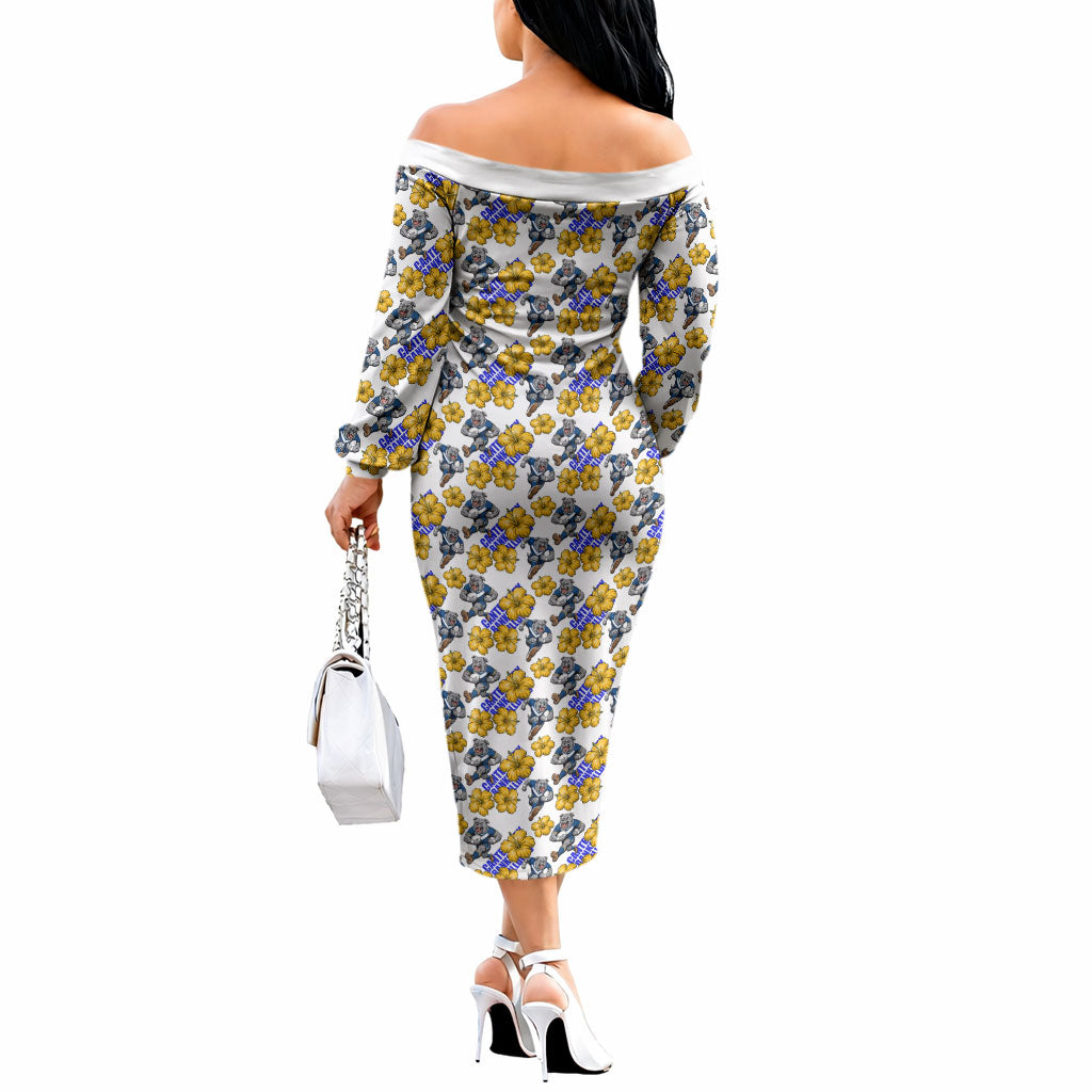 Canterbury-Bankstown Bulldogs Off The Shoulder Long Sleeve Dress Tropical Hibiscus Floral Seamless Rugby Mascot