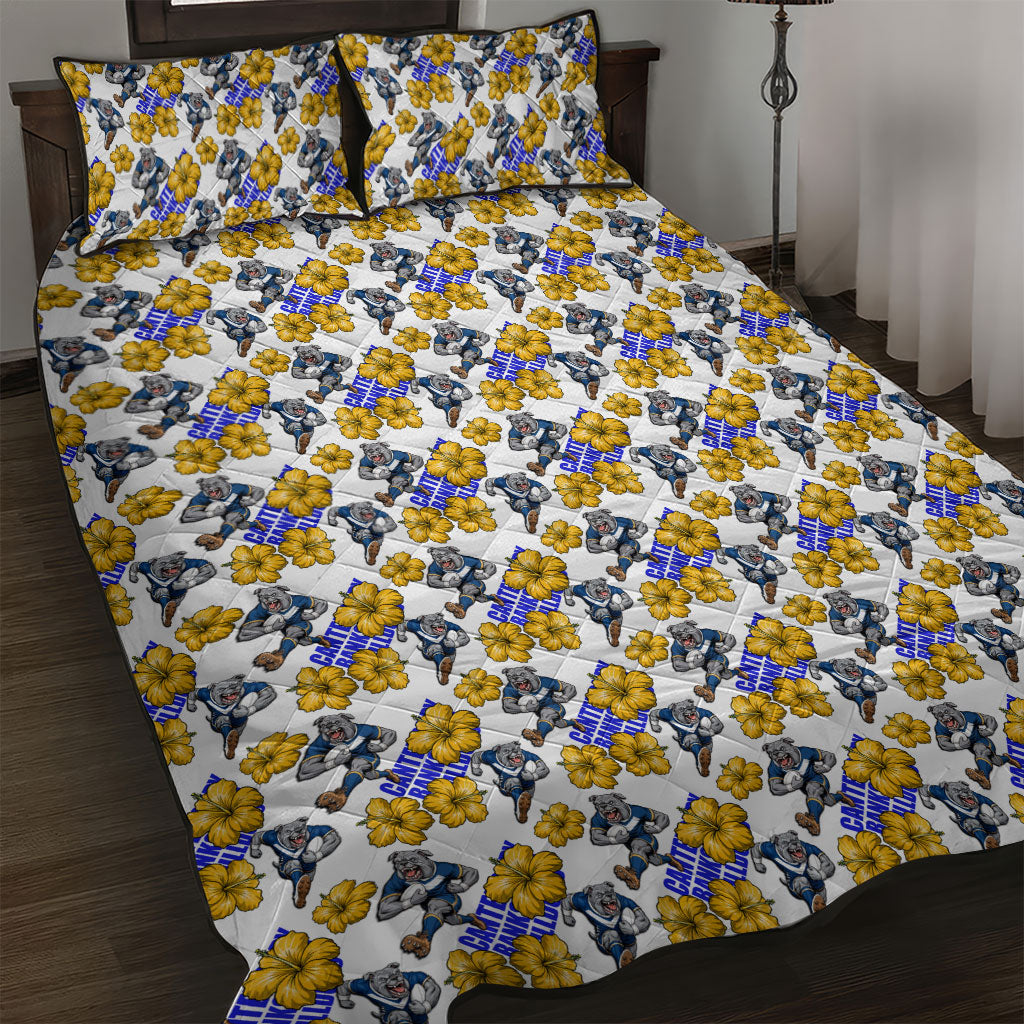 Canterbury-Bankstown Bulldogs Quilt Bed Set Tropical Hibiscus Floral Seamless Rugby Mascot