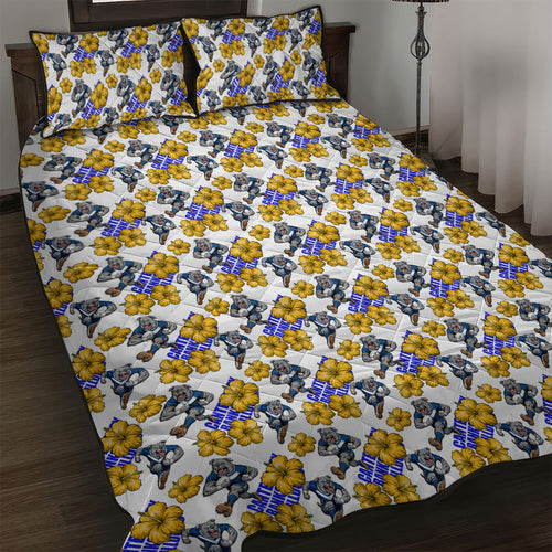 Canterbury-Bankstown Bulldogs Quilt Bed Set Tropical Hibiscus Floral Seamless Rugby Mascot