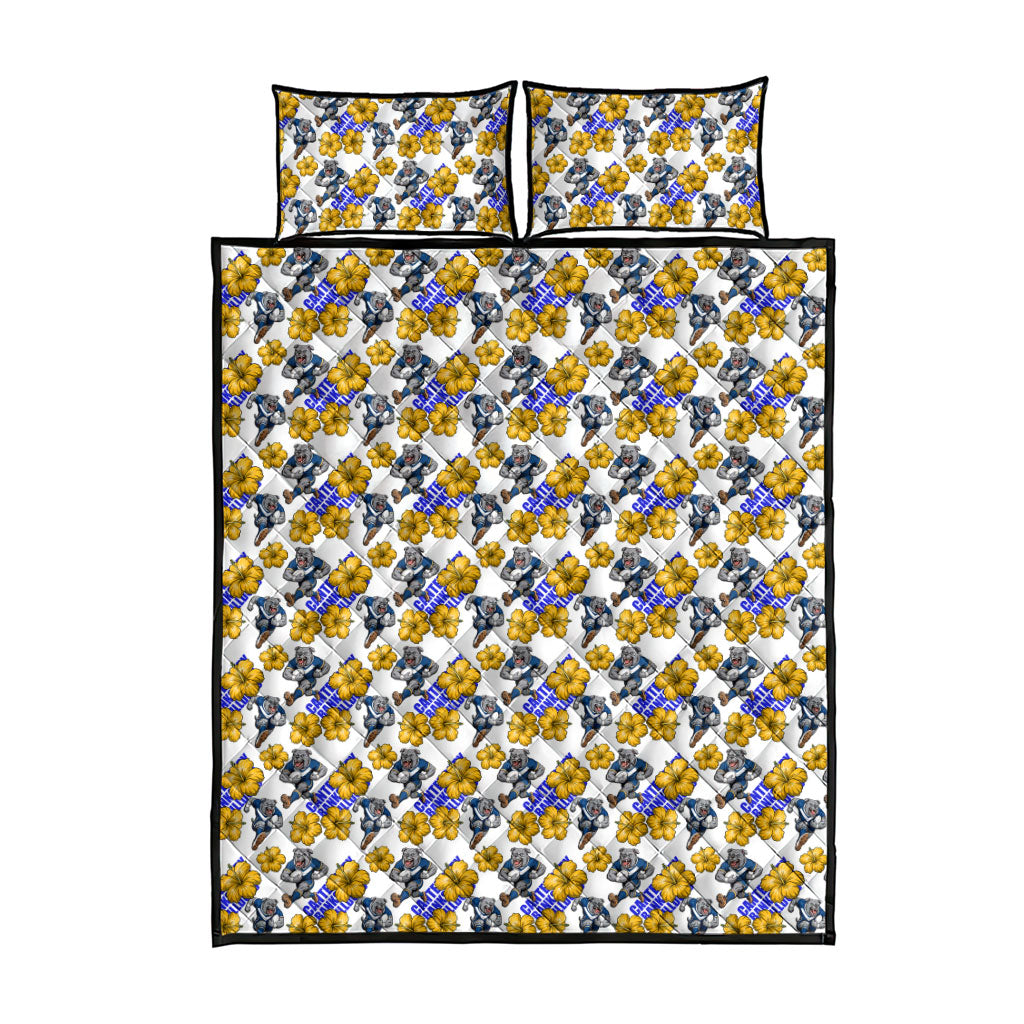 Canterbury-Bankstown Bulldogs Quilt Bed Set Tropical Hibiscus Floral Seamless Rugby Mascot