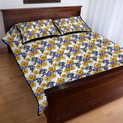 Canterbury-Bankstown Bulldogs Quilt Bed Set Tropical Hibiscus Floral Seamless Rugby Mascot