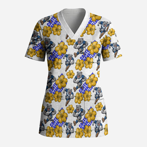 Canterbury-Bankstown Bulldogs Scrub Top Tropical Hibiscus Floral Seamless Rugby Mascot