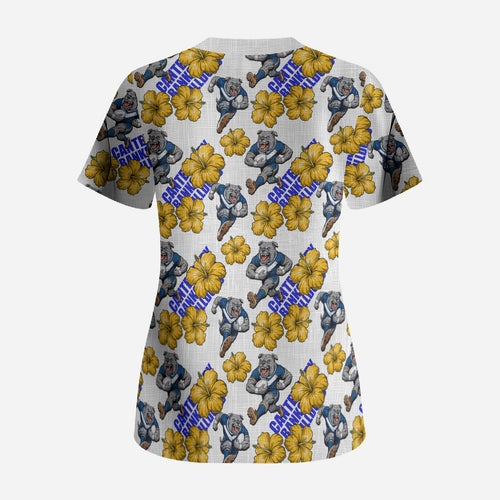 Canterbury-Bankstown Bulldogs Scrub Top Tropical Hibiscus Floral Seamless Rugby Mascot