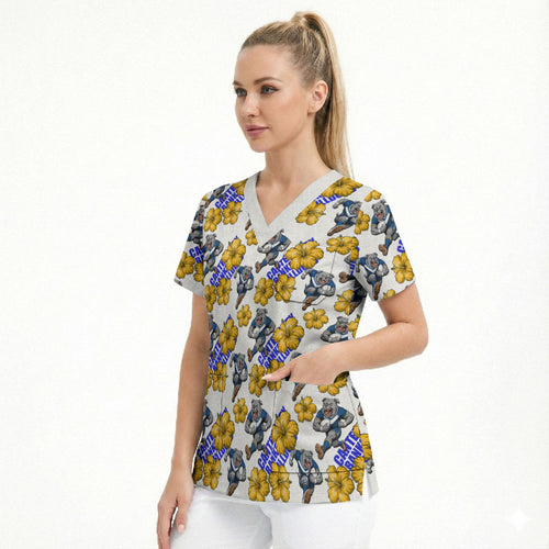 Canterbury-Bankstown Bulldogs Scrub Top Tropical Hibiscus Floral Seamless Rugby Mascot