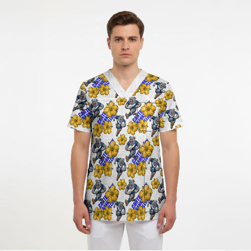 Canterbury-Bankstown Bulldogs Scrub Top Tropical Hibiscus Floral Seamless Rugby Mascot
