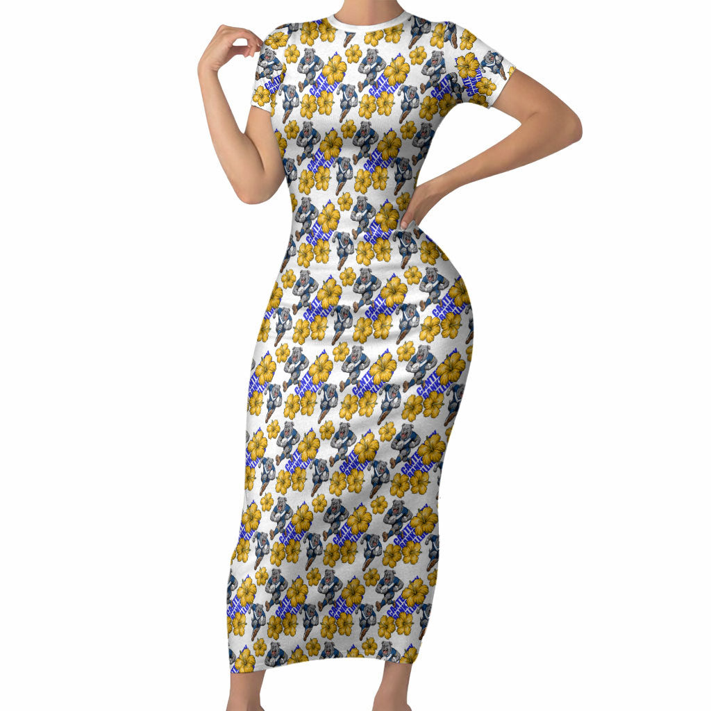 Canterbury-Bankstown Bulldogs Short Sleeve Bodycon Dress Tropical Hibiscus Floral Seamless Rugby Mascot