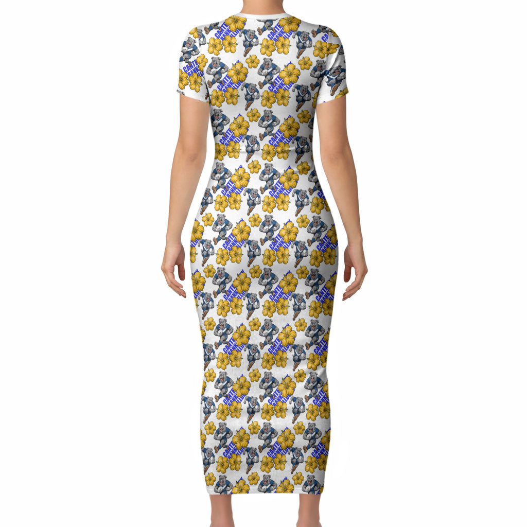 Canterbury-Bankstown Bulldogs Short Sleeve Bodycon Dress Tropical Hibiscus Floral Seamless Rugby Mascot