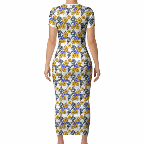 Canterbury-Bankstown Bulldogs Short Sleeve Bodycon Dress Tropical Hibiscus Floral Seamless Rugby Mascot