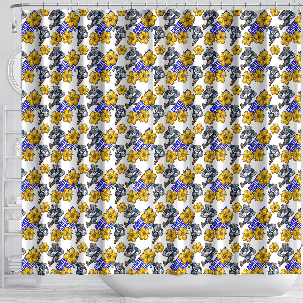 Canterbury-Bankstown Bulldogs Shower Curtain Tropical Hibiscus Floral Seamless Rugby Mascot