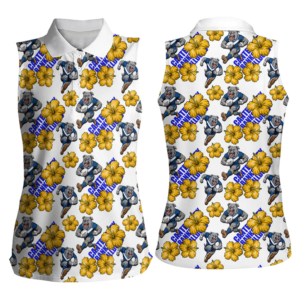 Canterbury-Bankstown Bulldogs Women Sleeveless Polo Shirt Tropical Hibiscus Floral Seamless Rugby Mascot