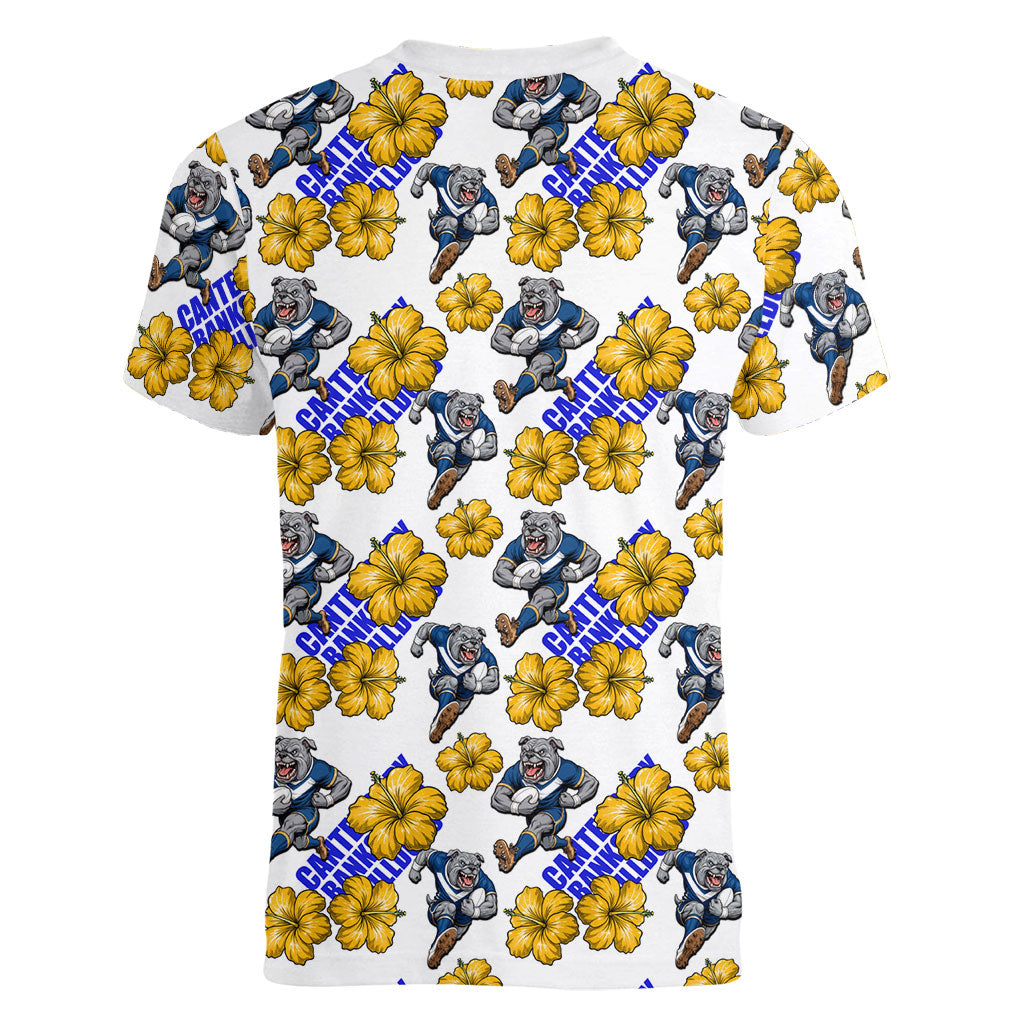 Canterbury-Bankstown Bulldogs Women V-Neck T-Shirt Tropical Hibiscus Floral Seamless Rugby Mascot