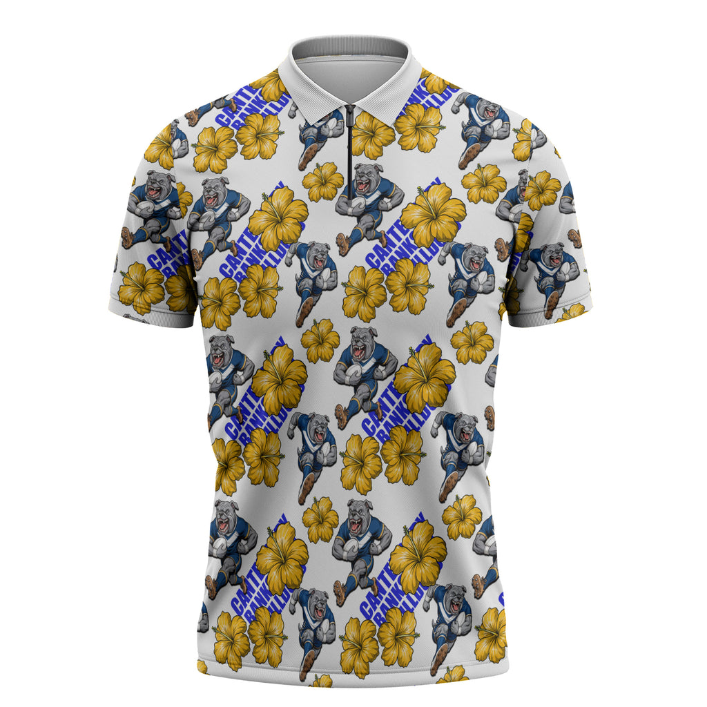 Canterbury-Bankstown Bulldogs Zipper Polo Shirt Tropical Hibiscus Floral Seamless Rugby Mascot