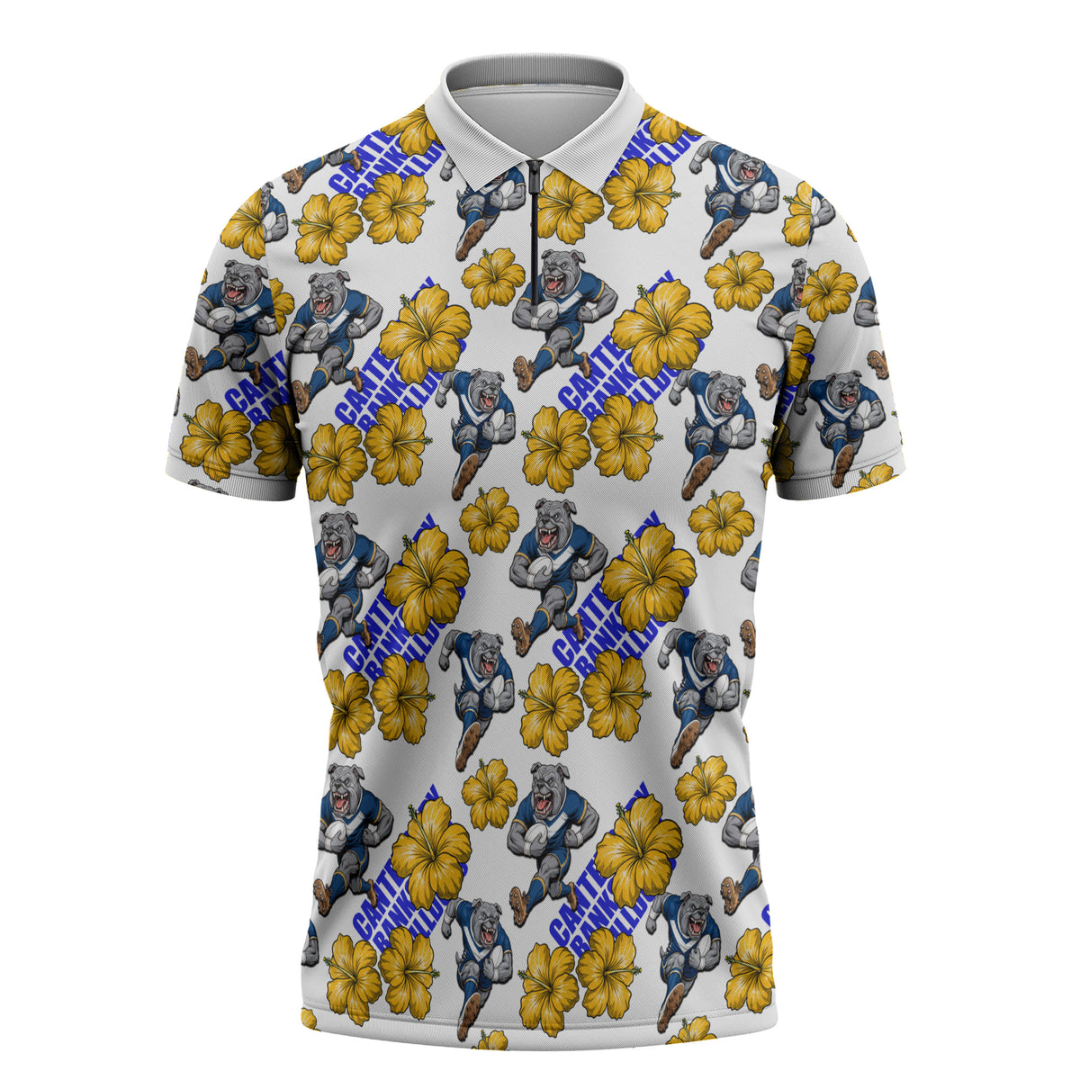 Canterbury-Bankstown Bulldogs Zipper Polo Shirt Tropical Hibiscus Floral Seamless Rugby Mascot