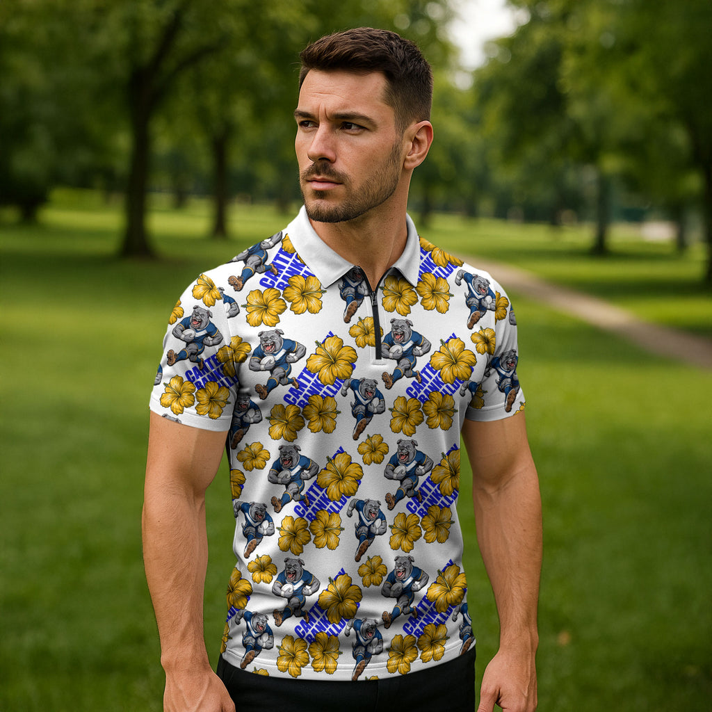 Canterbury-Bankstown Bulldogs Zipper Polo Shirt Tropical Hibiscus Floral Seamless Rugby Mascot