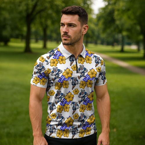 Canterbury-Bankstown Bulldogs Zipper Polo Shirt Tropical Hibiscus Floral Seamless Rugby Mascot