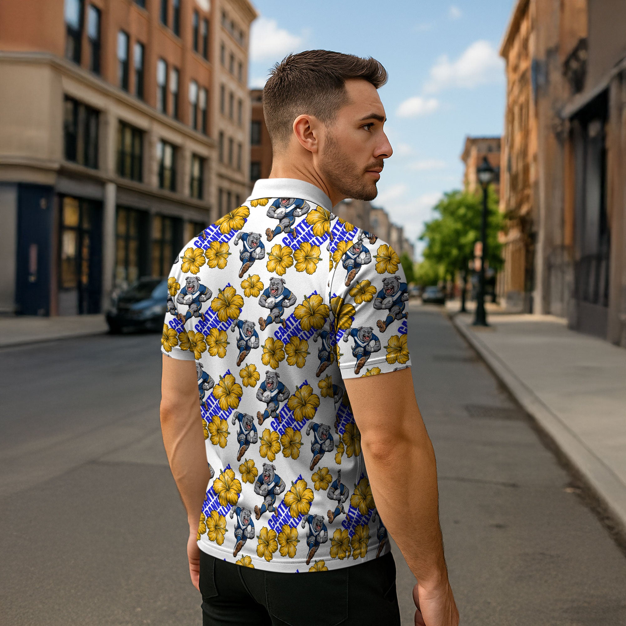 Canterbury-Bankstown Bulldogs Zipper Polo Shirt Tropical Hibiscus Floral Seamless Rugby Mascot