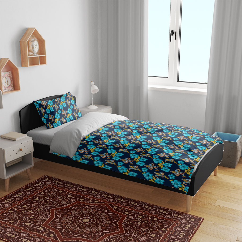 Gold Coast Titans Bedding Set Tropical Hibiscus Floral Seamless Rugby Mascot