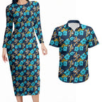 Gold Coast Titans Couples Matching Long Sleeve Bodycon Dress and Hawaiian Shirt Tropical Hibiscus Floral Seamless Rugby Mascot