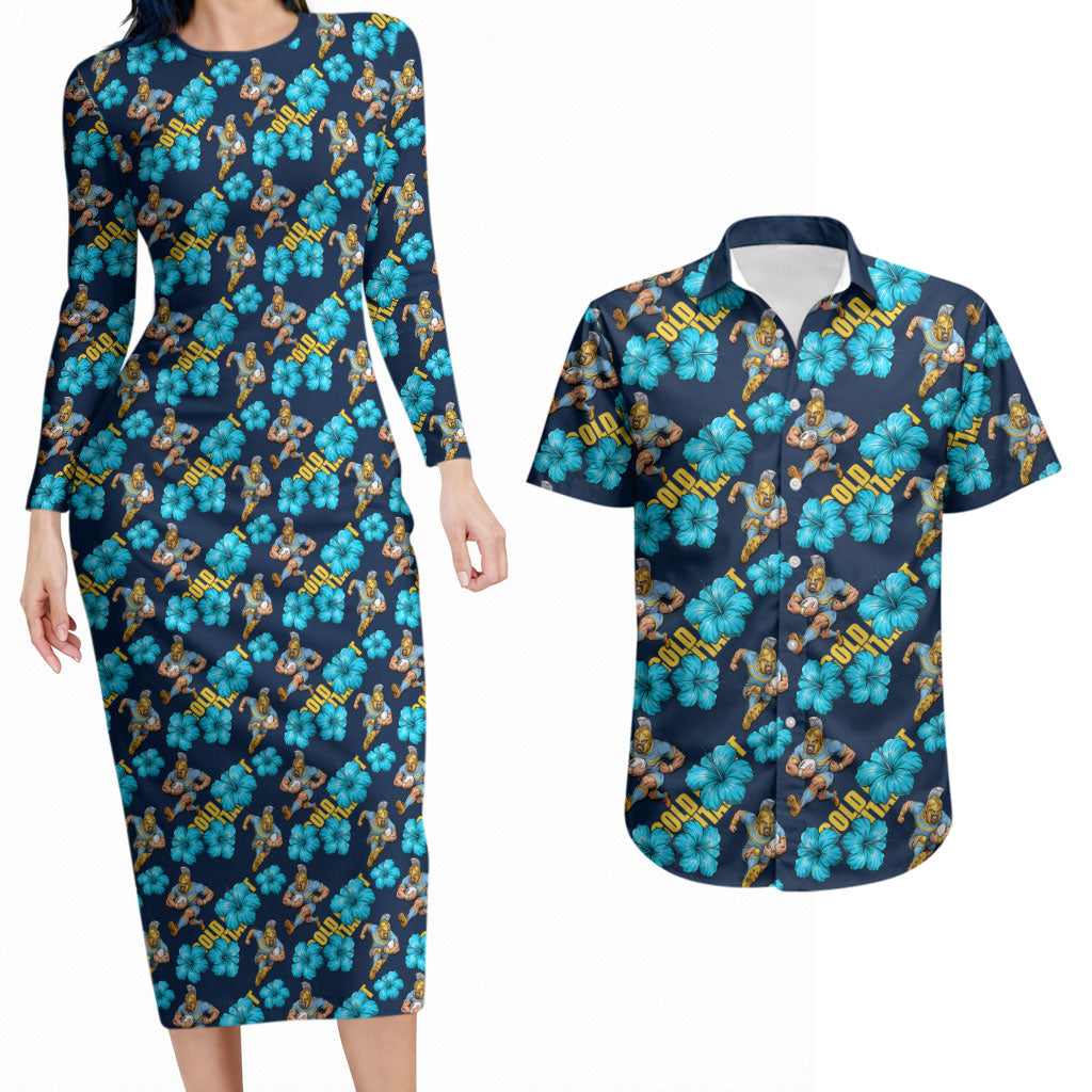 Gold Coast Titans Couples Matching Long Sleeve Bodycon Dress and Hawaiian Shirt Tropical Hibiscus Floral Seamless Rugby Mascot