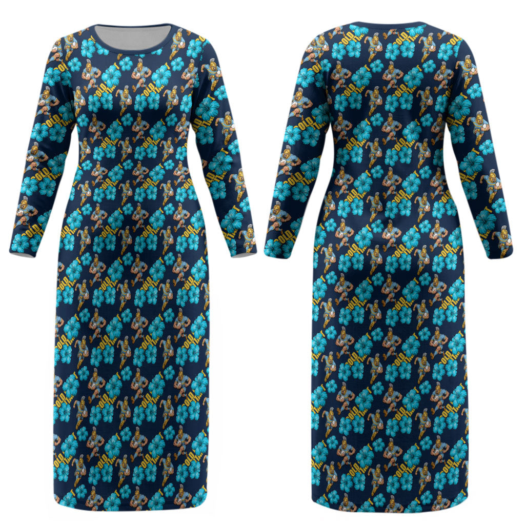 Gold Coast Titans Couples Matching Long Sleeve Bodycon Dress and Hawaiian Shirt Tropical Hibiscus Floral Seamless Rugby Mascot