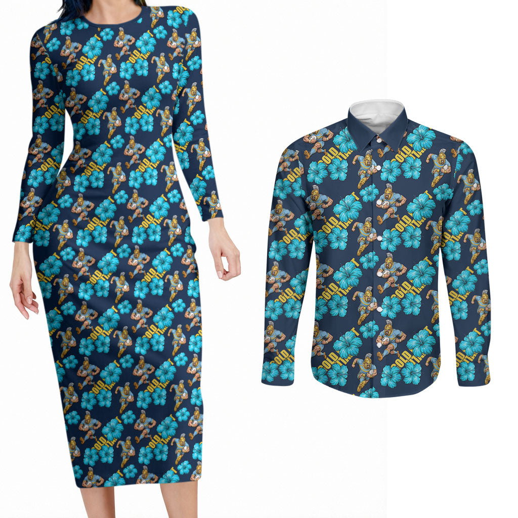 Gold Coast Titans Couples Matching Long Sleeve Bodycon Dress and Long Sleeve Button Shirt Tropical Hibiscus Floral Seamless Rugby Mascot