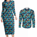 Gold Coast Titans Couples Matching Long Sleeve Bodycon Dress and Long Sleeve Button Shirt Tropical Hibiscus Floral Seamless Rugby Mascot