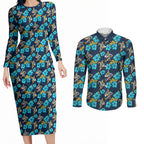 Gold Coast Titans Couples Matching Long Sleeve Bodycon Dress and Long Sleeve Button Shirt Tropical Hibiscus Floral Seamless Rugby Mascot