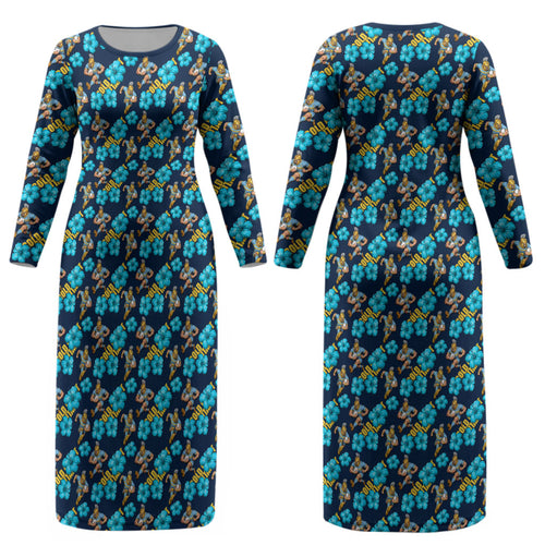Gold Coast Titans Couples Matching Long Sleeve Bodycon Dress and Long Sleeve Button Shirt Tropical Hibiscus Floral Seamless Rugby Mascot