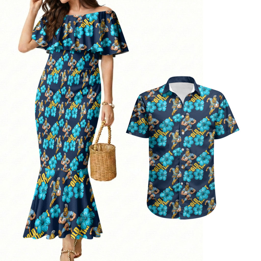 Gold Coast Titans Couples Matching Mermaid Dress and Hawaiian Shirt Tropical Hibiscus Floral Seamless Rugby Mascot