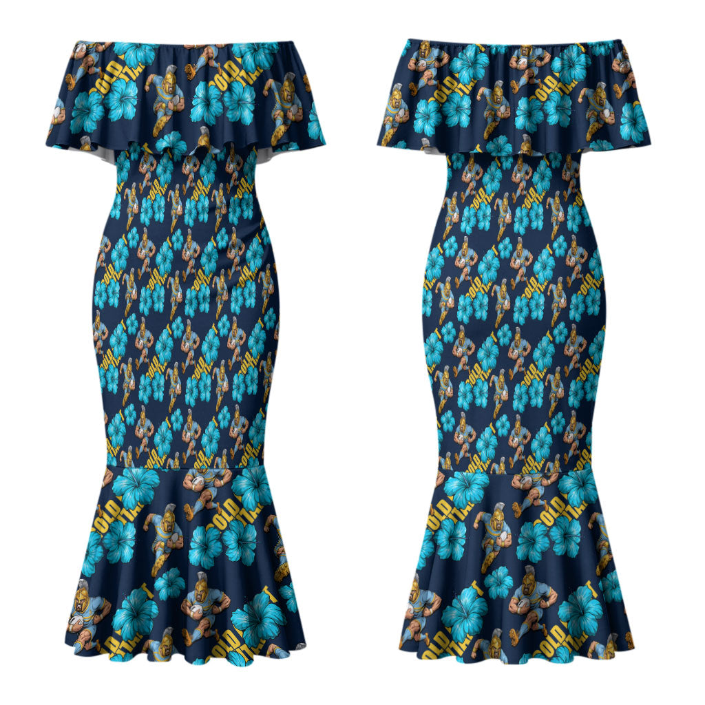 Gold Coast Titans Couples Matching Mermaid Dress and Hawaiian Shirt Tropical Hibiscus Floral Seamless Rugby Mascot