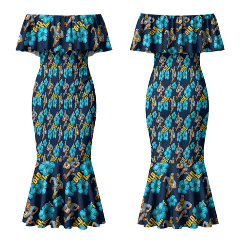 Gold Coast Titans Couples Matching Mermaid Dress and Hawaiian Shirt Tropical Hibiscus Floral Seamless Rugby Mascot
