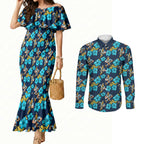 Gold Coast Titans Couples Matching Mermaid Dress and Long Sleeve Button Shirt Tropical Hibiscus Floral Seamless Rugby Mascot