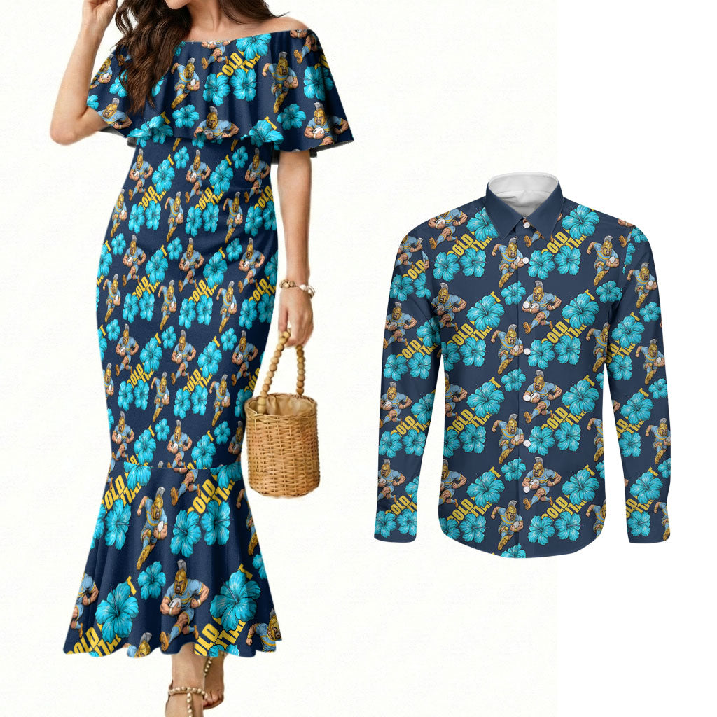 Gold Coast Titans Couples Matching Mermaid Dress and Long Sleeve Button Shirt Tropical Hibiscus Floral Seamless Rugby Mascot