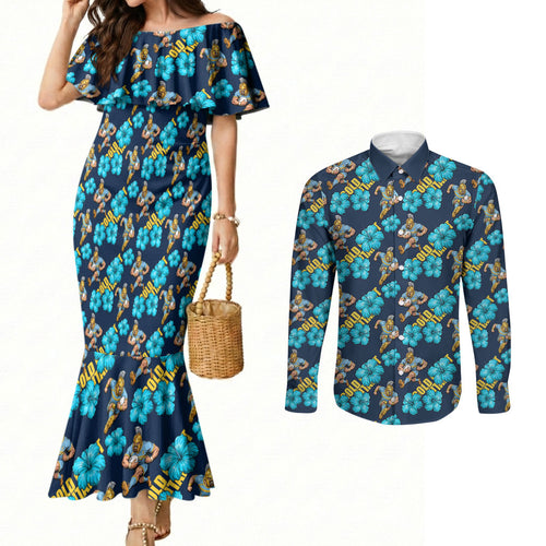 Gold Coast Titans Couples Matching Mermaid Dress and Long Sleeve Button Shirt Tropical Hibiscus Floral Seamless Rugby Mascot