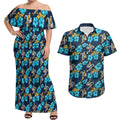 Gold Coast Titans Couples Matching Off Shoulder Maxi Dress and Hawaiian Shirt Tropical Hibiscus Floral Seamless Rugby Mascot