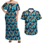 Gold Coast Titans Couples Matching Off Shoulder Maxi Dress and Hawaiian Shirt Tropical Hibiscus Floral Seamless Rugby Mascot