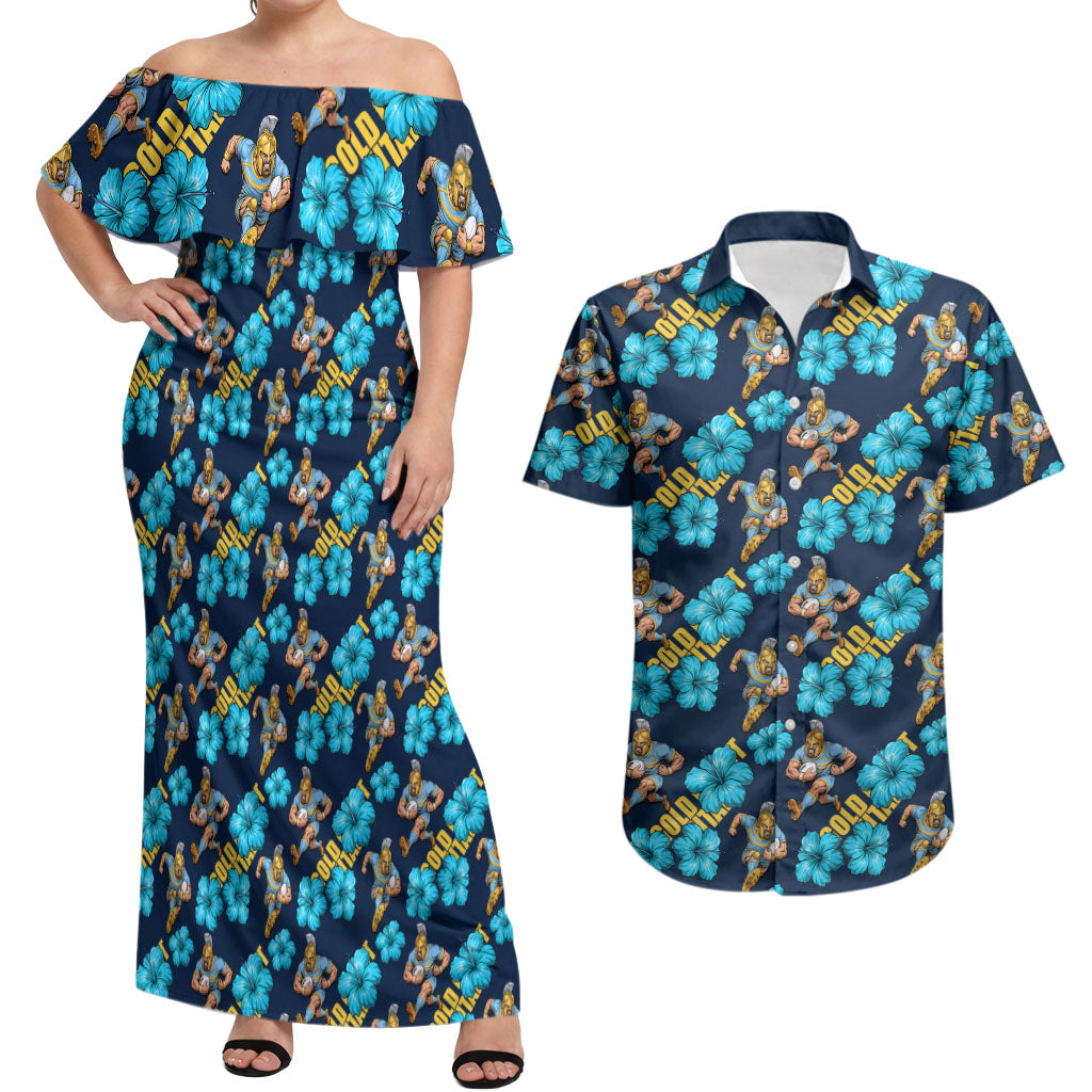 Gold Coast Titans Couples Matching Off Shoulder Maxi Dress and Hawaiian Shirt Tropical Hibiscus Floral Seamless Rugby Mascot