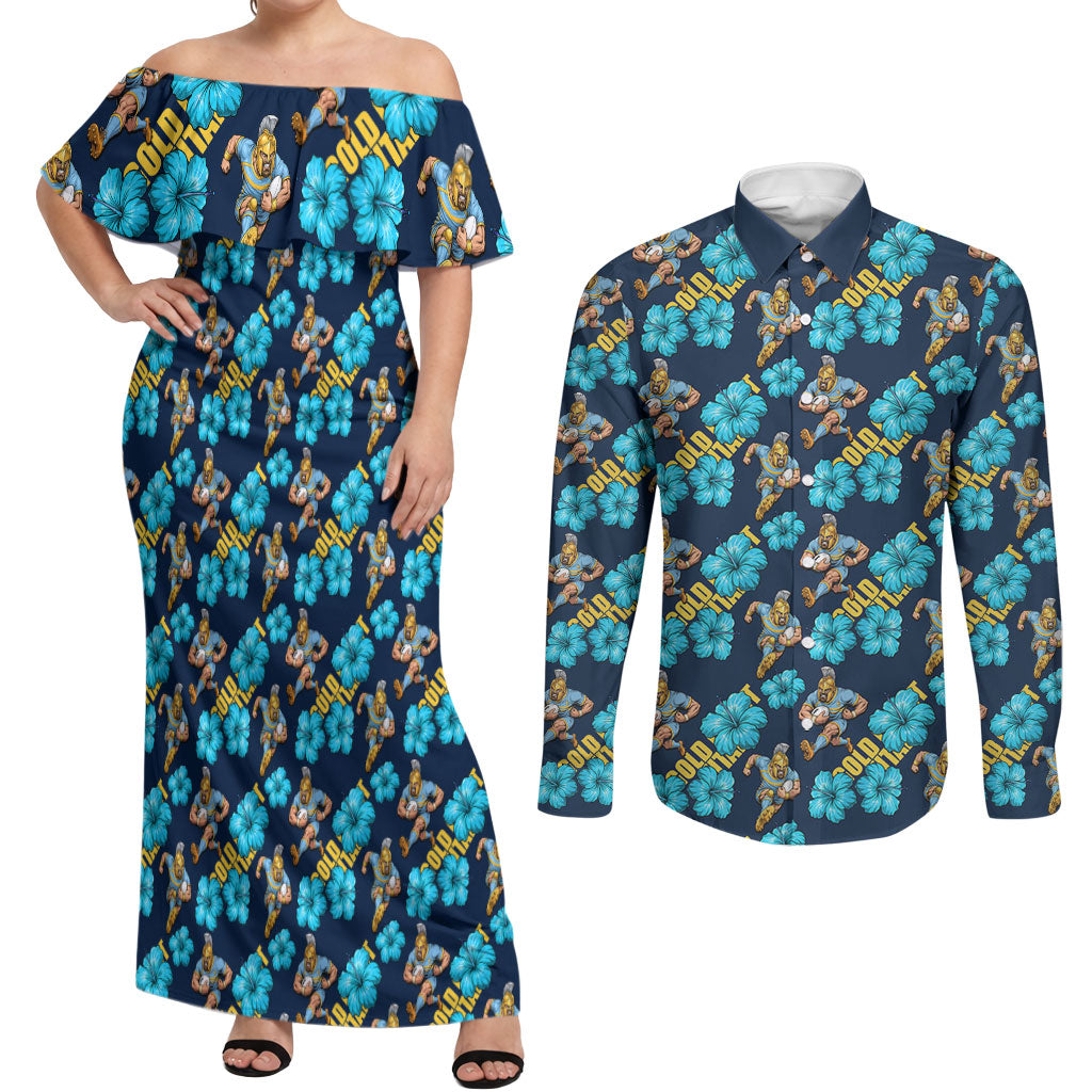 Gold Coast Titans Couples Matching Off Shoulder Maxi Dress and Long Sleeve Button Shirt Tropical Hibiscus Floral Seamless Rugby Mascot