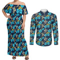 Gold Coast Titans Couples Matching Off Shoulder Maxi Dress and Long Sleeve Button Shirt Tropical Hibiscus Floral Seamless Rugby Mascot