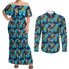 Gold Coast Titans Couples Matching Off Shoulder Maxi Dress and Long Sleeve Button Shirt Tropical Hibiscus Floral Seamless Rugby Mascot