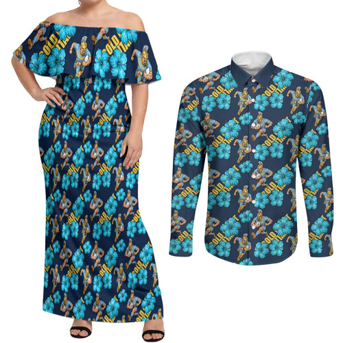 Gold Coast Titans Couples Matching Off Shoulder Maxi Dress and Long Sleeve Button Shirt Tropical Hibiscus Floral Seamless Rugby Mascot
