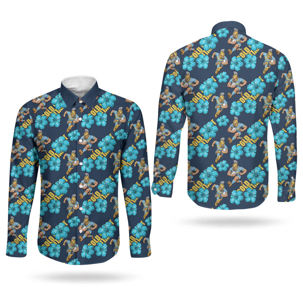 Gold Coast Titans Couples Matching Off Shoulder Maxi Dress and Long Sleeve Button Shirt Tropical Hibiscus Floral Seamless Rugby Mascot
